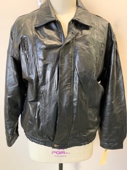 Mens, Leather Jacket, MAXAM BRAND, Black, Leather, Solid, 2XL, Self Italian Mosaic Texture, Zip Front, Collar Attached, 4 Pockets,
