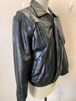 Mens, Leather Jacket, MAXAM BRAND, Black, Leather, Solid, 2XL, Self Italian Mosaic Texture, Zip Front, Collar Attached, 4 Pockets,
