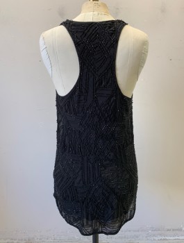 Womens, Cocktail Dress, ALICE + OLIVIA, Black, Polyester, Beaded, Geometric, XS, Chiffon with Seed Beads in Triangle and Diamond Shapes, Sleeveless, Cowl-Neckline, Mini Length