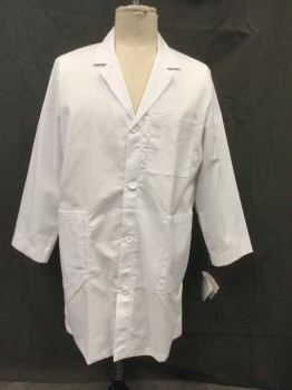 META, White, Poly/Cotton, Solid, Single Breasted, Collar Attached, Notched Lapel, Long Sleeves, 3 Pockets, 4 Buttons, 2 Side Seam Pocket Holes, Pleated at Back Waistband