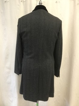 Mens, Coat, Overcoat, J CREW, Black, Gray, Wool, Herringbone, 40R, Single Breasted, Solid Black Velvet Collar Attached, Notched Lapel, 3 Pockets, Long Sleeves, Above Knee