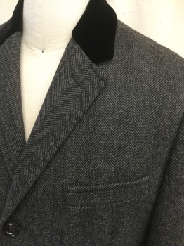 Mens, Coat, Overcoat, J CREW, Black, Gray, Wool, Herringbone, 40R, Single Breasted, Solid Black Velvet Collar Attached, Notched Lapel, 3 Pockets, Long Sleeves, Above Knee