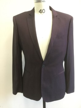 Mens, Sportcoat/Blazer, TOPMAN, Red Burgundy, Polyamide, Viscose, Solid, 40S, Single Breasted, Collar Attached, Notched Lapel, 3 Pockets, Long Sleeves