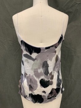 HELMUT LANG, Gray, Dk Gray, White, Silk, Abstract , Abstract Leaf Pattern, Raw Scoop Neck, Silver Spaghetti Straps, Side Seam Slits