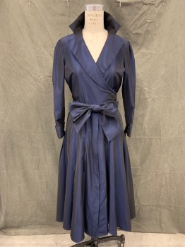 JONES NY, Midnight Blue, Acetate, Polyester, Solid, Iridescent, Wrap Top, Collar Attached, Notched Lapel, Long Sleeves, French Cuff with Knot Links, Button Front, Skirt with Drop Pleats, Self Belt Attached, Belt Loops, * Small Stain on Belt*