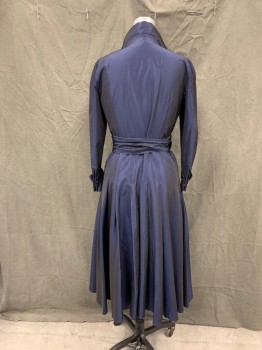 Womens, Cocktail Dress, JONES NY, Midnight Blue, Acetate, Polyester, Solid, 8, Iridescent, Wrap Top, Collar Attached, Notched Lapel, Long Sleeves, French Cuff with Knot Links, Button Front, Skirt with Drop Pleats, Self Belt Attached, Belt Loops, * Small Stain on Belt*
