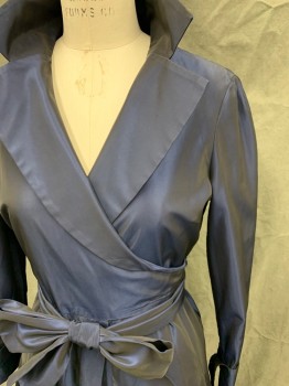 JONES NY, Midnight Blue, Acetate, Polyester, Solid, Iridescent, Wrap Top, Collar Attached, Notched Lapel, Long Sleeves, French Cuff with Knot Links, Button Front, Skirt with Drop Pleats, Self Belt Attached, Belt Loops, * Small Stain on Belt*