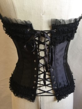 FOX 50, Black, Polyester, Rayon, Solid, 3 Scallop Tiers with Net Top Trim & 3 Tiers Hem with 2 Black Ribbon Bow Tie, Black Lacing Back, Side Zip