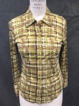 KAREN KANE, Pea Green, White, Brown, Poly/Cotton, Crosshatch Pattern, Button Front, Collar Attached, Long Sleeves, Button Cuff