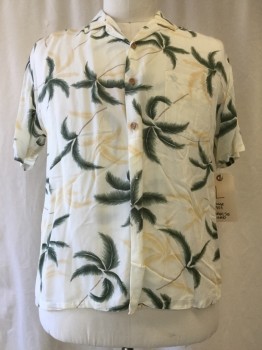 Mens, Hawaiian Shirt, PARADISE FOUND, Ivory White, Peach Orange, Brown, Green, Rayon, Leaves/Vines , L, Open Collar Attached, Short Sleeves, 1 Pocket, Palm Tree Print, Wooden Buttons