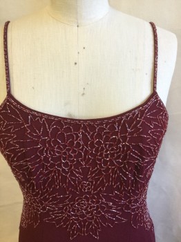 Womens, Evening Gown, POLY, Wine Red, Polyester, Acetate, Solid, L, Dark Red Lining, Iridescent Dark Red Beads Flower Design Upper Top, Spaghetti Straps, Zip Back,