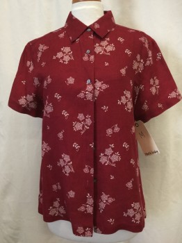MARSH LANDING, Red, White, Linen, Floral, Button Front, Collar Attached, Short Sleeves,