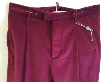 Mens, Casual Pants, DSQUARRED, Raspberry Pink, Cotton, Elastane, Solid, 34/30, Corduroy, 1.5" Waistband with Belt Hoops, 1 Pleat Front, 4 Pockets, Over Lock Stitch Hem