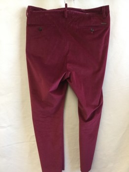 Mens, Casual Pants, DSQUARRED, Raspberry Pink, Cotton, Elastane, Solid, 34/30, Corduroy, 1.5" Waistband with Belt Hoops, 1 Pleat Front, 4 Pockets, Over Lock Stitch Hem