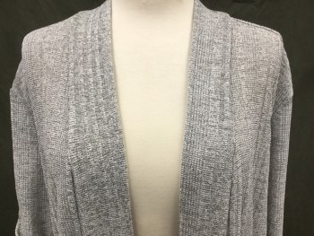KASPER, Heather Gray, Polyester, Elastane, 2 Color Weave, Plaid-  Windowpane, Long Sleeves, Open Front,  Ribbed, Stretchy, Side Slits Knee Length