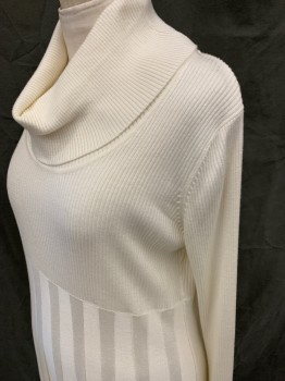 Womens, Dress, Long & 3/4 Sleeve, CALVIN KLEIN, Off White, Acrylic, Solid, L, Scoop Turtleneck, Ribbed Knit Upper and Sleeves, Long Sleeves, Knit Striped Skirt, Hem Below Knee,