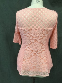 KIYONNA, Coral Pink, Nylon, Spandex, Solid, Floral and Abstract Lace Over Solid Coral Pink, Sheer Yoke and 3/4 Sleeves, Scoop Neck