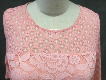 Womens, Top, KIYONNA, Coral Pink, Nylon, Spandex, Solid, XL, Floral and Abstract Lace Over Solid Coral Pink, Sheer Yoke and 3/4 Sleeves, Scoop Neck