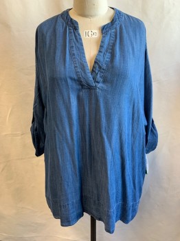 Womens, Top, CALVIN KLEIN, Denim Blue, Lyocell, Solid, 1X, Tunic, Open Placket, Band Collar, Dolman 3/4 Sleeve with Button Tab for Roll Up