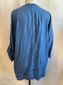 Womens, Top, CALVIN KLEIN, Denim Blue, Lyocell, Solid, 1X, Tunic, Open Placket, Band Collar, Dolman 3/4 Sleeve with Button Tab for Roll Up