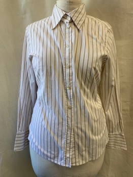 Womens, Blouse, MARCO POLO, White, Khaki Brown, Cotton, Stripes - Vertical , B: 40, Collar Attached, Button Front, Long Sleeves