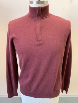 THEORY, Red Burgundy, Wool, Solid, Knit, Rib Knit Stand Collar & Partial Zip at CF Neck, L/S