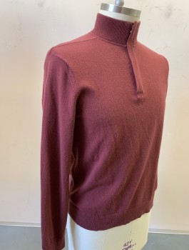 THEORY, Red Burgundy, Wool, Solid, Knit, Rib Knit Stand Collar & Partial Zip at CF Neck, L/S