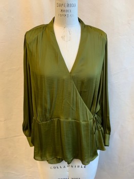 N/L, Moss Green, Polyester, Solid, Satin, Wrap Top, Self Tie, Gathered at Shoulder Seams/shoulder Inset and Cuff, Button Cuff, Shoulder Pads, Peplum
