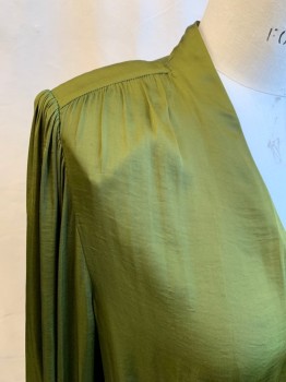N/L, Moss Green, Polyester, Solid, Satin, Wrap Top, Self Tie, Gathered at Shoulder Seams/shoulder Inset and Cuff, Button Cuff, Shoulder Pads, Peplum