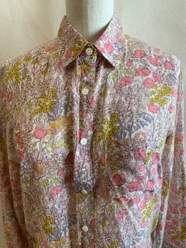 Womens, Blouse, LIBERTY J CREW, Ivory White, Yellow, Lt Pink, Pink, Brown, Cotton, Silk, Floral, 0, C.A., Button Front, L/S