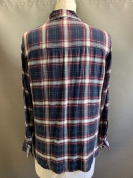 Womens, Blouse, TREASURE BOND, Navy Blue, White, Red Burgundy, Rayon, Acrylic, Plaid, M, L/S, Button Front, Collar Attached, Chest Pocket