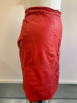 NO LABEL, Red, Leather, Solid, Pencil Skirt, CF Leather Floral Applique, CB Zipper, CB Slit