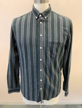 Mens, Casual Shirt, STEVEN ALAN, Forest Green, Black, White, Cotton, Stripes, 2 Color Weave, L, B.F., L/S, Bttn Down Collar, Chest Pocket, Back Pleat, Plastic Pearl Buttons