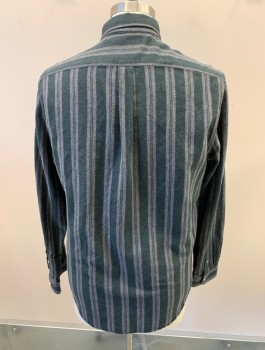 Mens, Casual Shirt, STEVEN ALAN, Forest Green, Black, White, Cotton, Stripes, 2 Color Weave, L, B.F., L/S, Bttn Down Collar, Chest Pocket, Back Pleat, Plastic Pearl Buttons