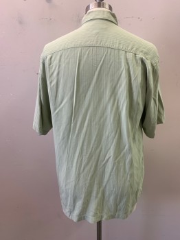 Mens, Casual Shirt, TOMMY BAHAMA, Sage Green, Silk, Herringbone, L, Collar Attached, Button Front, Short Sleeves, 1 Breast Pocket