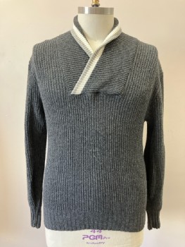 CAMPUS, Dk Gray, Wool, Nylon, Knit, Pullover, V-N, Light Gray & White Trim On Collar, Ribbed Waist & Cuffs, L/S