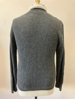 CAMPUS, Dk Gray, Wool, Nylon, Knit, Pullover, V-N, Light Gray & White Trim On Collar, Ribbed Waist & Cuffs, L/S