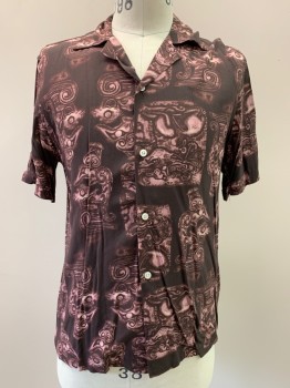 Mens, Casual Shirt, SATURDAY NYC, Faded Black, Plum Purple, Lt Pink, Viscose, Abstract , M, S/S, Button Front, Collar Attached,