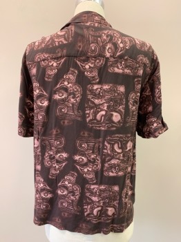 Mens, Casual Shirt, SATURDAY NYC, Faded Black, Plum Purple, Lt Pink, Viscose, Abstract , M, S/S, Button Front, Collar Attached,