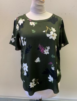 BANANA REPUBLIC, Dk Olive Grn, Multi-color, Polyester, Floral, Round Neck, S/S, White, Pink, and Black Floral Pattern