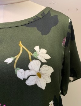 Womens, Blouse, BANANA REPUBLIC, Dk Olive Grn, Multi-color, Polyester, Floral, S, Round Neck, S/S, White, Pink, and Black Floral Pattern