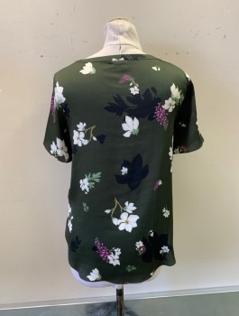 BANANA REPUBLIC, Dk Olive Grn, Multi-color, Polyester, Floral, Round Neck, S/S, White, Pink, and Black Floral Pattern