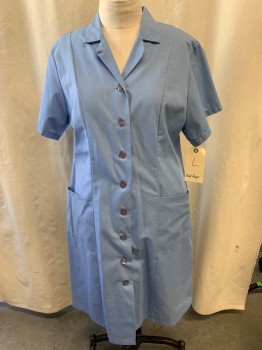 Womens, Waitress/Maid, RED KAP, Lt Blue, Poly/Cotton, Solid, L, Button Front, Collar Attached, Short Sleeves, 2 Pockets,