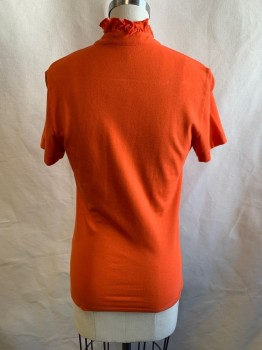 TORY BURCH, Orange, Cotton, Spandex, Stand Collar, Ruffle Trim on Neckline, 1/2 Button Front, S/S, Gold Buttons