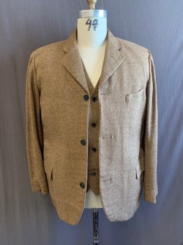 SIAM COSTUMES, Tan Brown, Brown, Wool, 2 Color Weave, Single Breasted, 3 Buttons, Notched Lapel, 3 Pockets