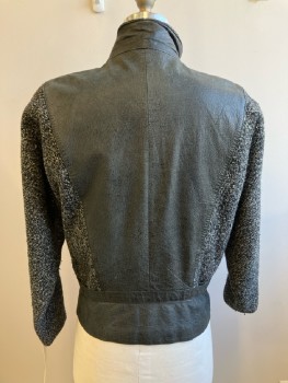 E.Z. SPIRIT, Gray, Black, Wool, Nylon, 2 Color Weave, High Neck, Zip Front, Knit L/S, Leather Center Panel, 2 Pckts, Side Straps,