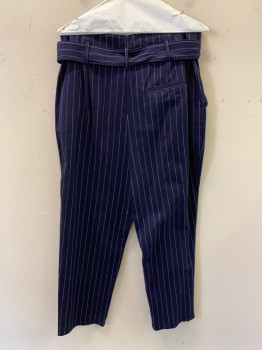 Womens, Slacks, TOP SHOP, Navy Blue, White, Polyester, Cotton, Stripes - Pin, 10, Pleated Front, Paper Bag Style, Side Pockets, Zip Front, Matching Waist Belt