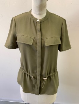 TED BAKER, Olive Green, Polyester, Solid, Round Neck, Button Front, S/S, Drawstring Waist, 2 Pocket Flaps