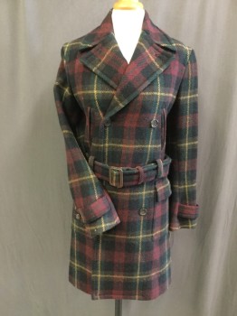 RALPH LAUREN, Forest Green, Red Burgundy, Tan Brown, Black, Wool, Plaid, Double Breasted, Notched Lapel, 4 Pockets, Belt Loops, MATCHING BELT with Buckle, Button Tab Cuffs, **With Belt