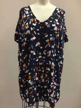 Womens, Top, HALOGEN, Navy Blue, Multi-color, Polyester, Abstract , 1X, Navy with Colorful Abstract Print, V-neck, Short Sleeve,